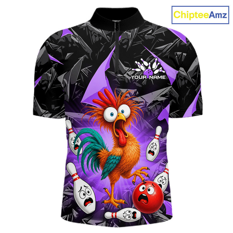 A short-sleeve quarter-zip bowling shirt with a black and purple abstract background, featuring a large cartoon rooster, bowling pins, and a red bowling ball graphic. The shirt has a placeholder logo on the chest reading 'YOUR NAME' and a 'ChipteeAmz' watermark in the top right corner.