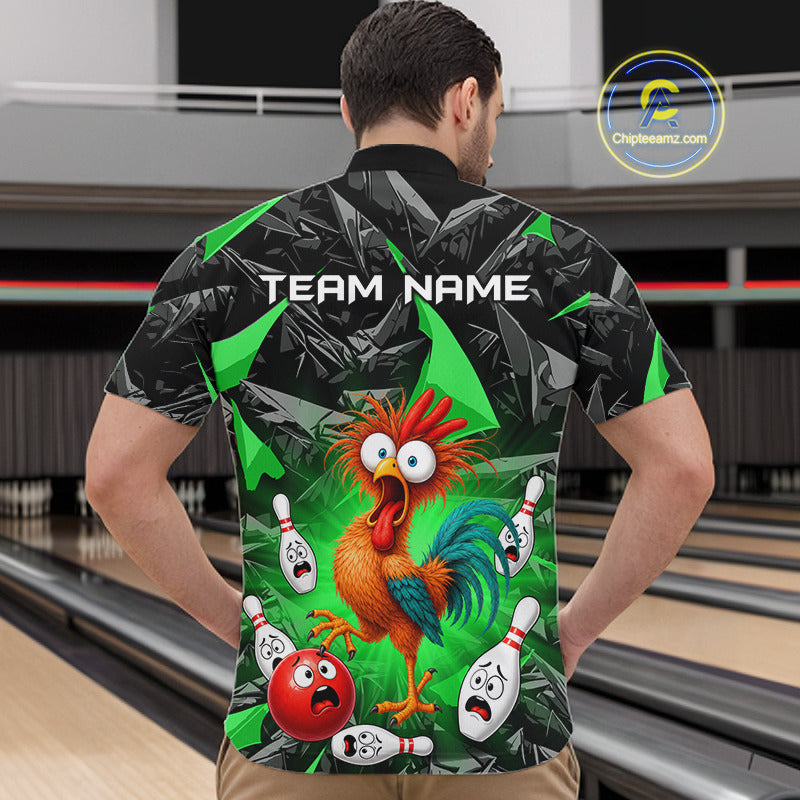 A man viewed from behind wearing a short-sleeve bowling-themed shirt with a colorful cartoon rooster, bowling pins, and the text 'TEAM NAME' printed on the back. The shirt has a black and green leaf pattern with a large multicolor graphic on the center.
