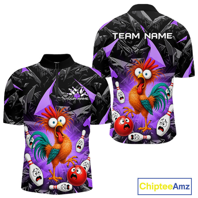 Front and back views of a short-sleeve polo shirt featuring a colorful cartoon rooster, bowling pins, bowling balls, and a black-and-purple cracked-ash pattern. The front has placeholder text reading 'YOUR NAME' and 'TEAM NAME' on the chest.