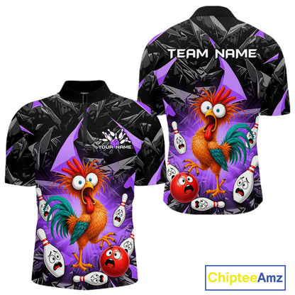 Front and back views of a short-sleeve polo shirt featuring a colorful cartoon rooster, bowling pins, bowling balls, and a black-and-purple cracked-ash pattern. The front has placeholder text reading 'YOUR NAME' and 'TEAM NAME' on the chest.
