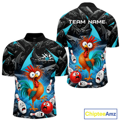 Front and back views of a short-sleeve bowling-themed crewneck shirt on a white background. The shirt features a black and blue geometric pattern with cartoon bowling balls, pins, and a colorful rooster.