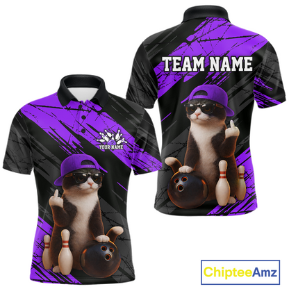 Custom Funny Cat Purple Bowling Jersey for Men Bowling Polo & 1/4 Zip Bowling Team Shirts HNT198