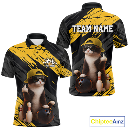 Custom Funny Cat Yellow Bowling Jersey for Men Bowling Polo & 1/4 Zip Bowling Team Shirts HNT198