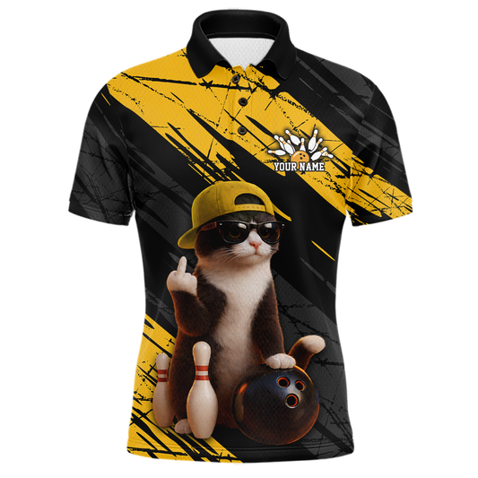 Custom Funny Cat Yellow Bowling Jersey for Men Bowling Polo & 1/4 Zip Bowling Team Shirts HNT198