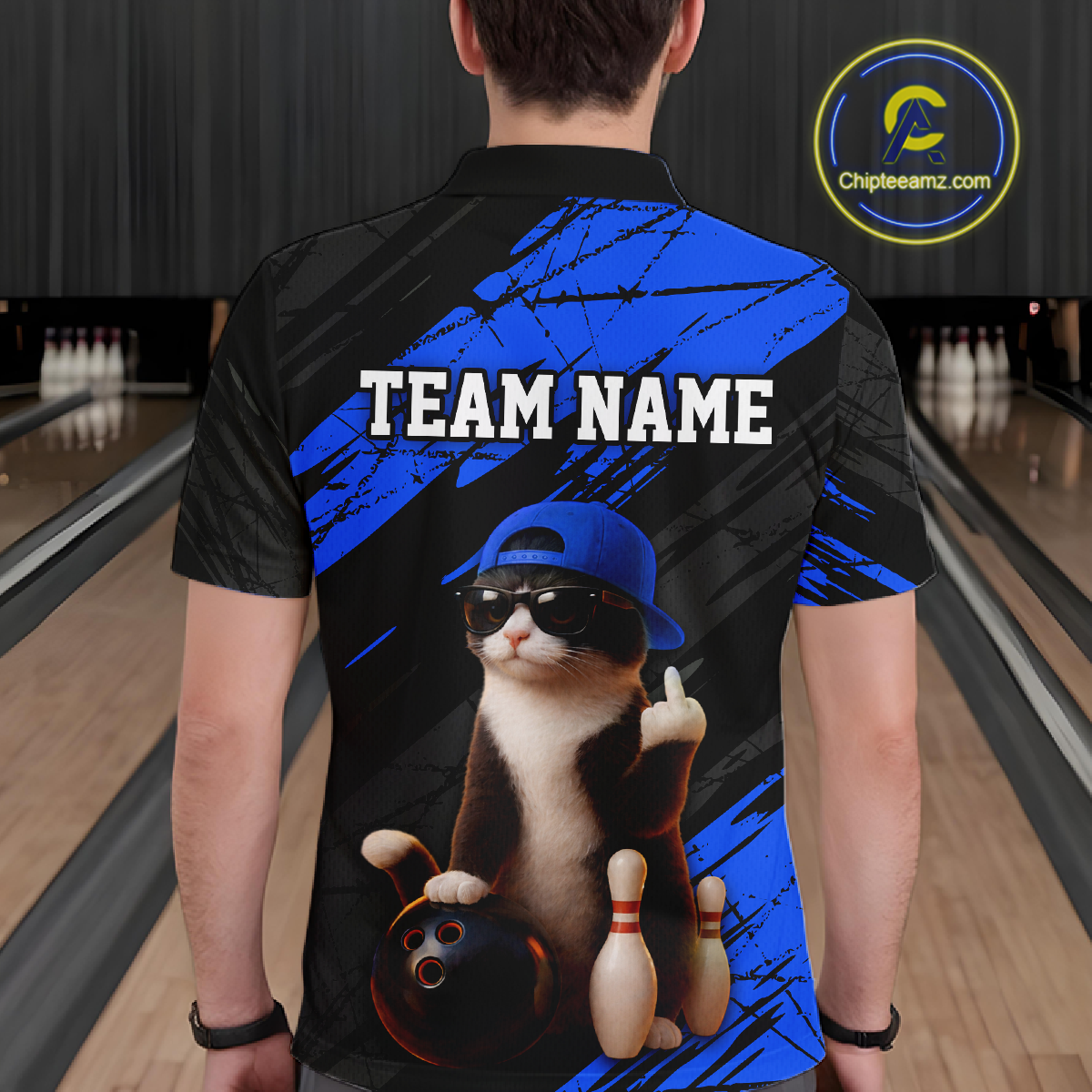 Custom Funny Cat Blue Bowling Jersey for Men Bowling Polo & 1/4 Zip Bowling Team Shirts HNT198