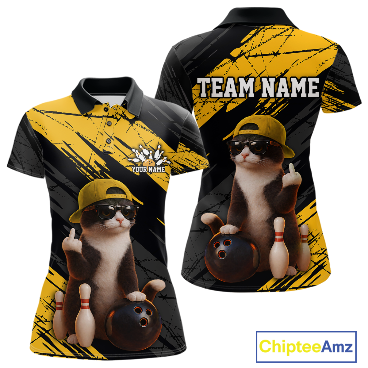 Custom Funny Cat Yellow Bowling Jersey for Women Bowling Polo & 1/4 Zip Bowling Team Shirts HNT198