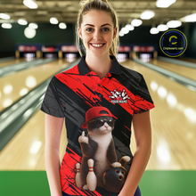 Load image into Gallery viewer, Custom Funny Cat Red Bowling Jersey for Women Bowling Polo &amp; 1/4 Zip Bowling Team Shirts HNT198