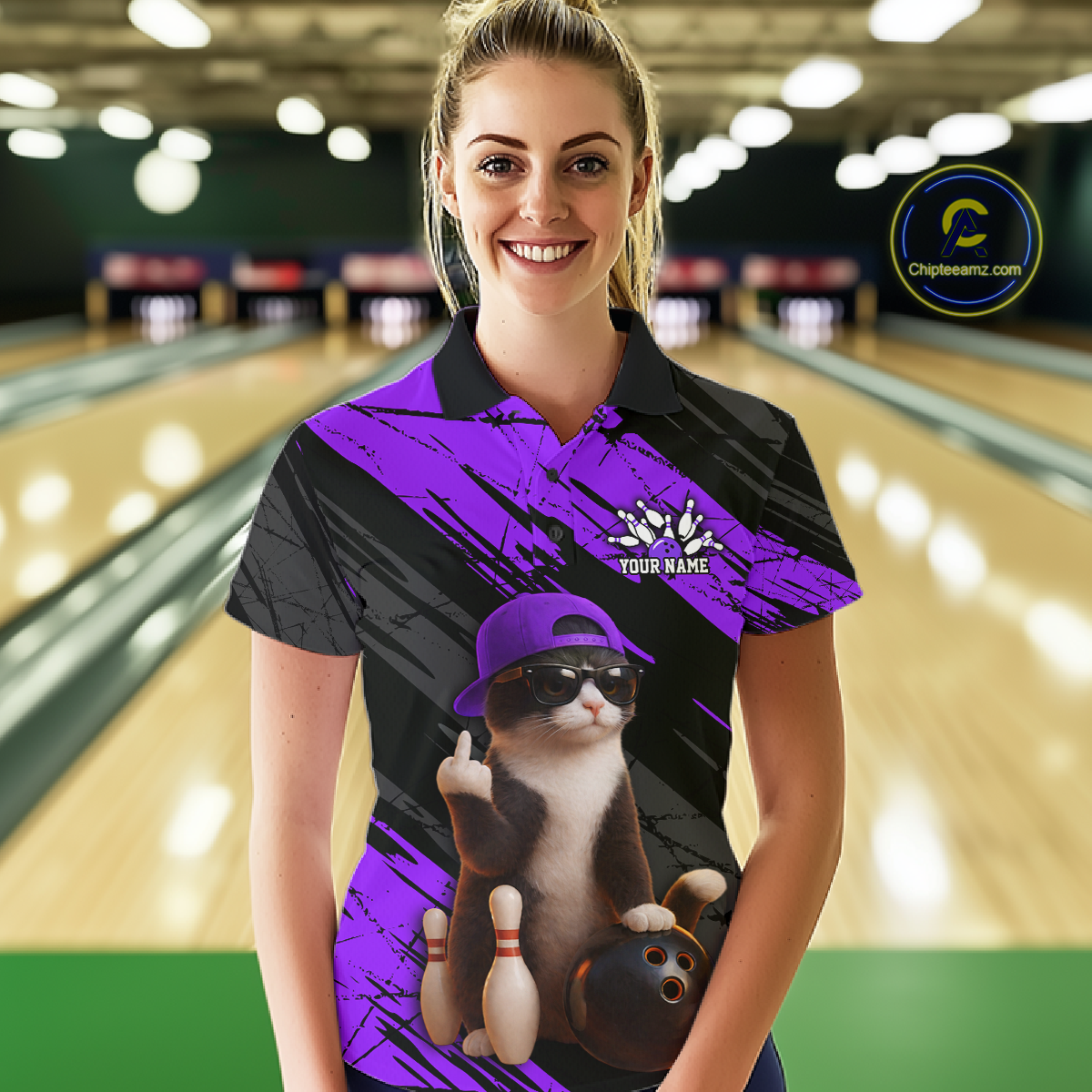 Custom Funny Cat Purple Bowling Jersey for Women Bowling Polo & 1/4 Zip Bowling Team Shirts HNT198