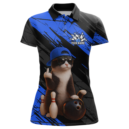 Custom Funny Cat Blue Bowling Jersey for Women Bowling Polo & 1/4 Zip Bowling Team Shirts HNT198
