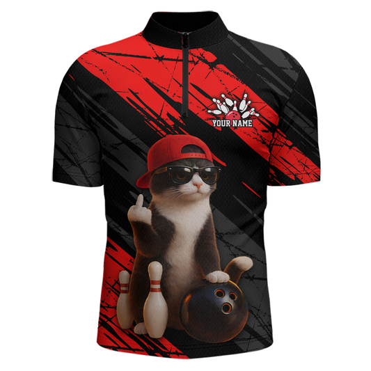 Custom Funny Cat Red Bowling Jersey for Men Bowling Polo & 1/4 Zip Bowling Team Shirts HNT198