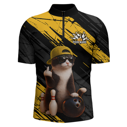 Custom Funny Cat Yellow Bowling Jersey for Men Bowling Polo & 1/4 Zip Bowling Team Shirts HNT198