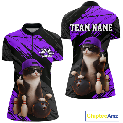 Custom Funny Cat Purple Bowling Jersey for Women Bowling Polo & 1/4 Zip Bowling Team Shirts HNT198