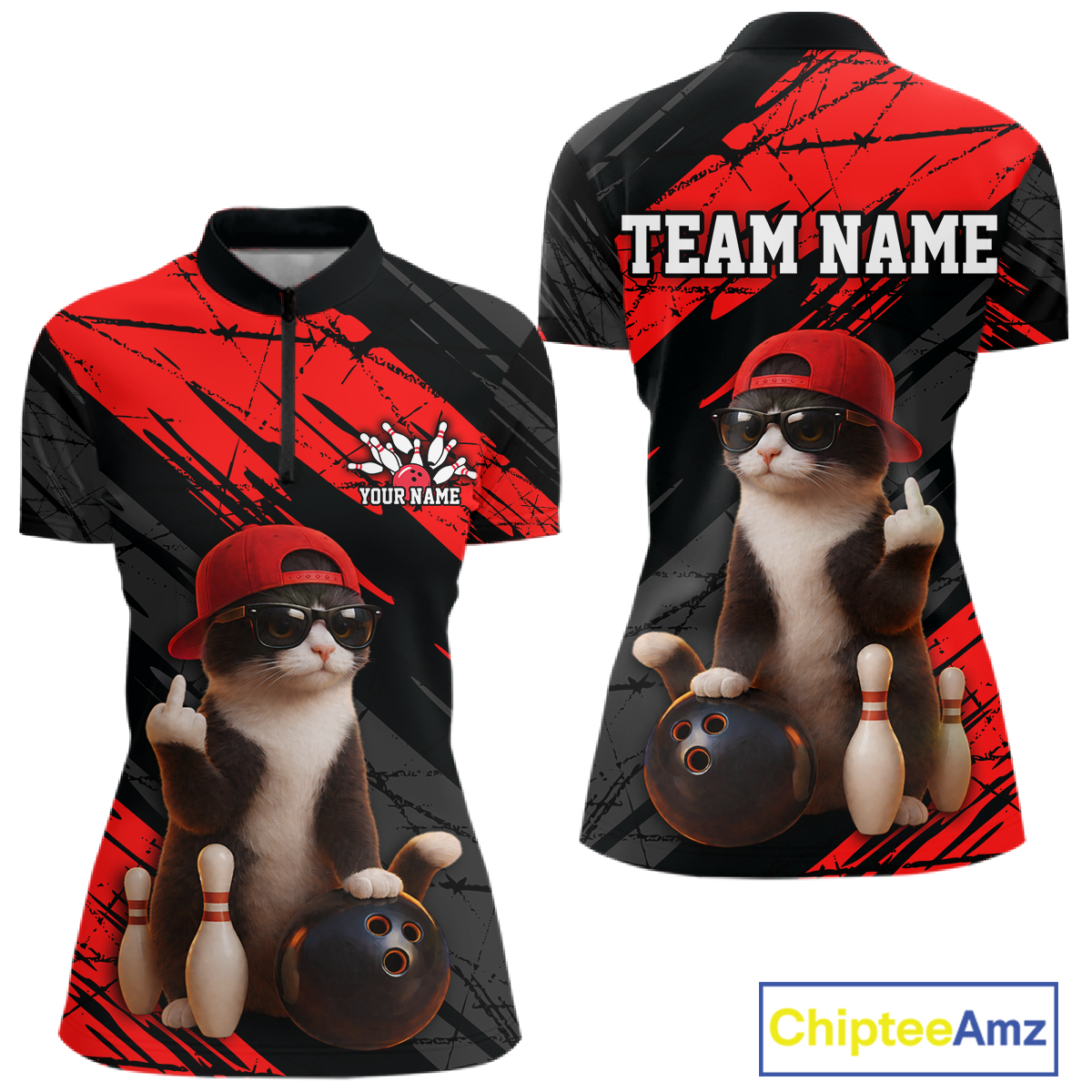Custom Funny Cat Red Bowling Jersey for Women Bowling Polo & 1/4 Zip Bowling Team Shirts HNT198