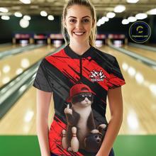 Load image into Gallery viewer, Custom Funny Cat Red Bowling Jersey for Women Bowling Polo &amp; 1/4 Zip Bowling Team Shirts HNT198