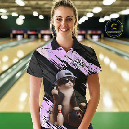 Custom Funny Cat Holographic Bowling Jersey for Women Bowling Polo & 1/4 Zip Bowling Team Shirts HNT198