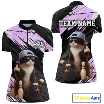 Custom Funny Cat Holographic Bowling Jersey for Women Bowling Polo & 1/4 Zip Bowling Team Shirts HNT198