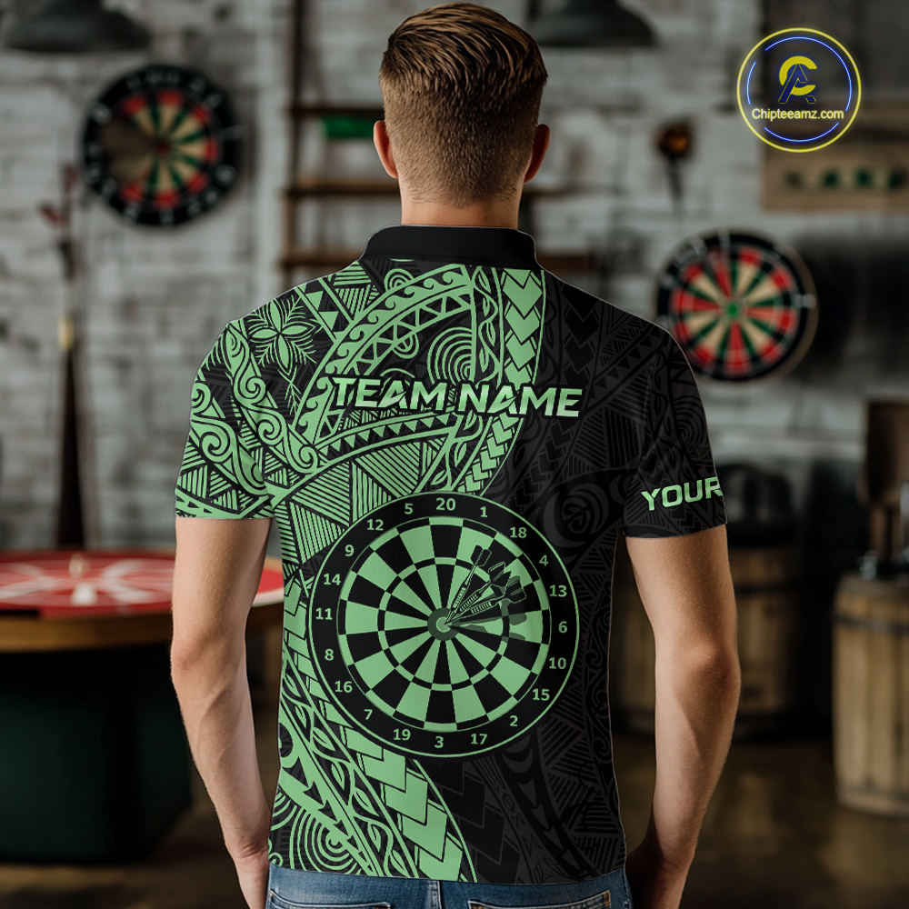 Custom Green Tribal Dart Shirts for Men Dart Team Jersey Dartboard Gifts Polo & 1/4 Zip NNT163