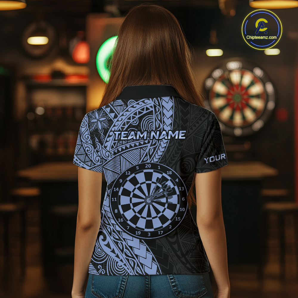 Custom Blue Tribal Dart Shirts for Women Dart Team Jersey Dartboard Gifts Polo & 1/4 Zip NNT163