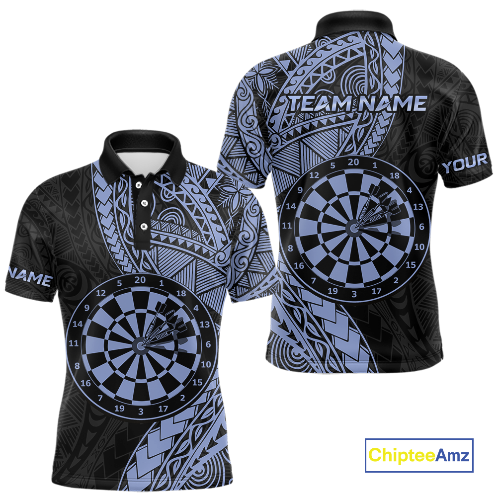 Custom Blue Tribal Dart Shirts for Men Dart Team Jersey Dartboard Gifts Polo & 1/4 Zip NNT163
