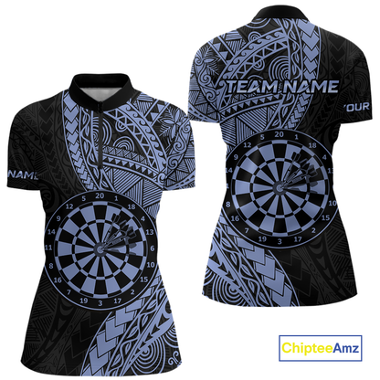 Custom Blue Tribal Dart Shirts for Women Dart Team Jersey Dartboard Gifts Polo & 1/4 Zip NNT163