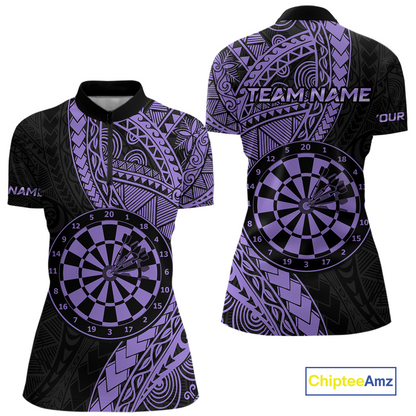 Custom Purple Tribal Dart Shirts for Women Dart Team Jersey Dartboard Gifts Polo & 1/4 Zip NNT163