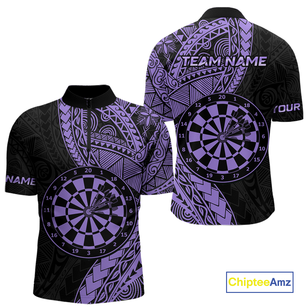 Custom Purple Tribal Dart Shirts for Men Dart Team Jersey Dartboard Gifts Polo & 1/4 Zip NNT163