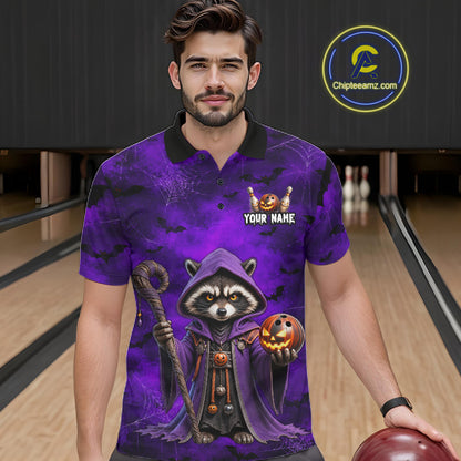 A man wearing a purple and black Halloween-themed polo shirt with a graphic of a hooded raccoon holding a pumpkin, standing in a bowling alley. A circular 'Chilereamz.