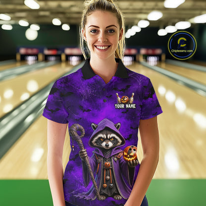 A woman stands in a bowling alley wearing a custom purple and black polo shirt with a cartoon raccoon dressed as a wizard holding a bowling ball. The shirt features a 'YOUR NAME' customization placeholder on the chest.