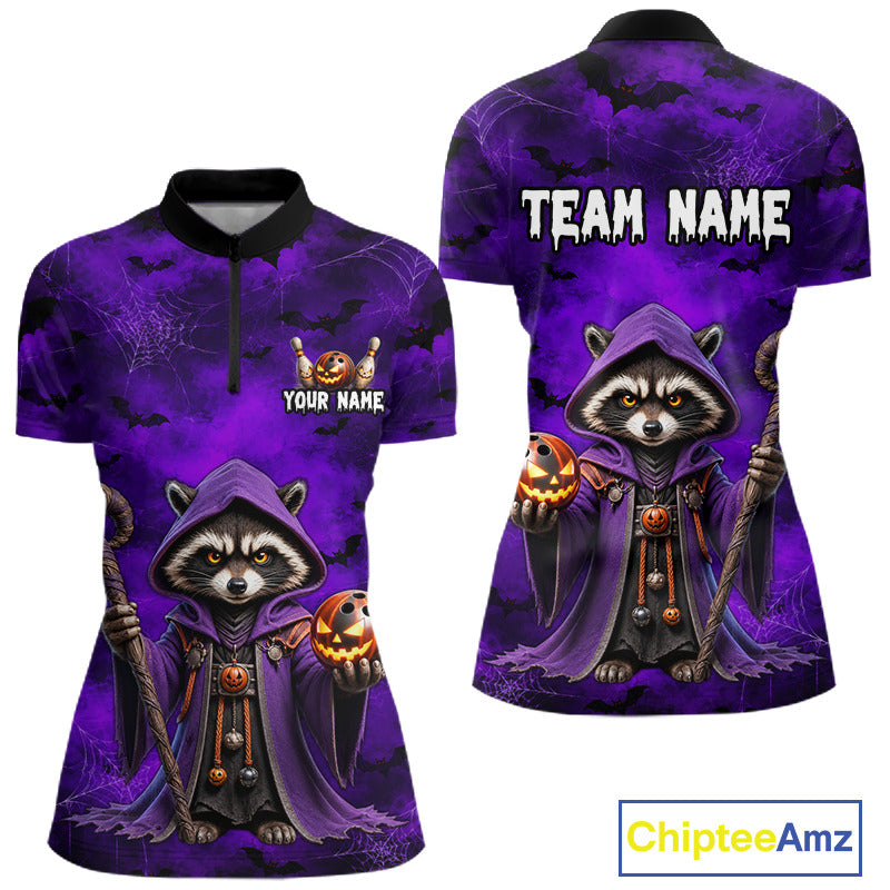 Front and back views of a purple Halloween-themed polo shirt featuring a cartoon raccoon in a hood holding a jack-o'-lantern, with customizable text areas on the chest and back, shown on a white background.