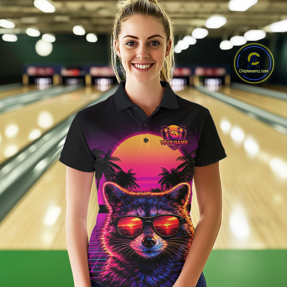 Custom Funny Raccoon Retro Sunset Bowling Jersey for Women Bowling Uniform Bowling Team Shirts HNT280