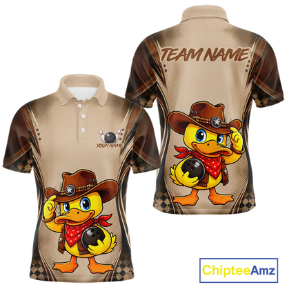 Polo shirt with cartoon duck in cowboy hat design on a beige background, featuring 'Chiptee Amz' branding.