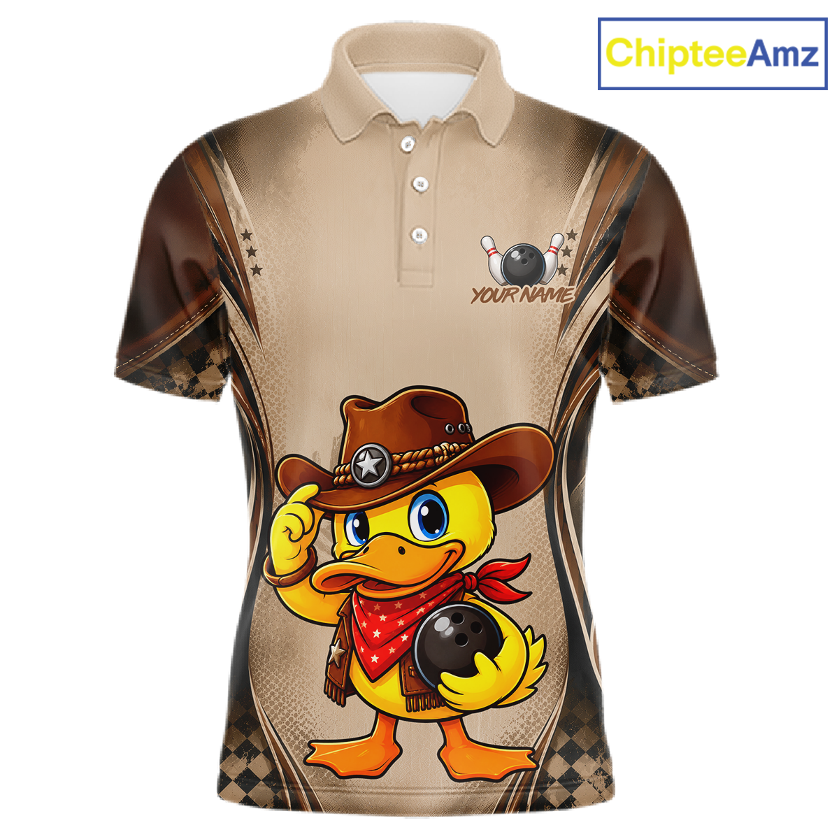 Beige polo shirt with a cartoon duck wearing a cowboy hat and holding a bowling ball, branded 'ChipteeAmz'.