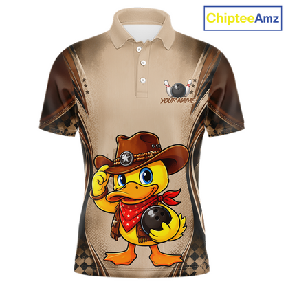 Beige polo shirt with a cartoon duck wearing a cowboy hat and holding a bowling ball, branded 'ChipteeAmz'.