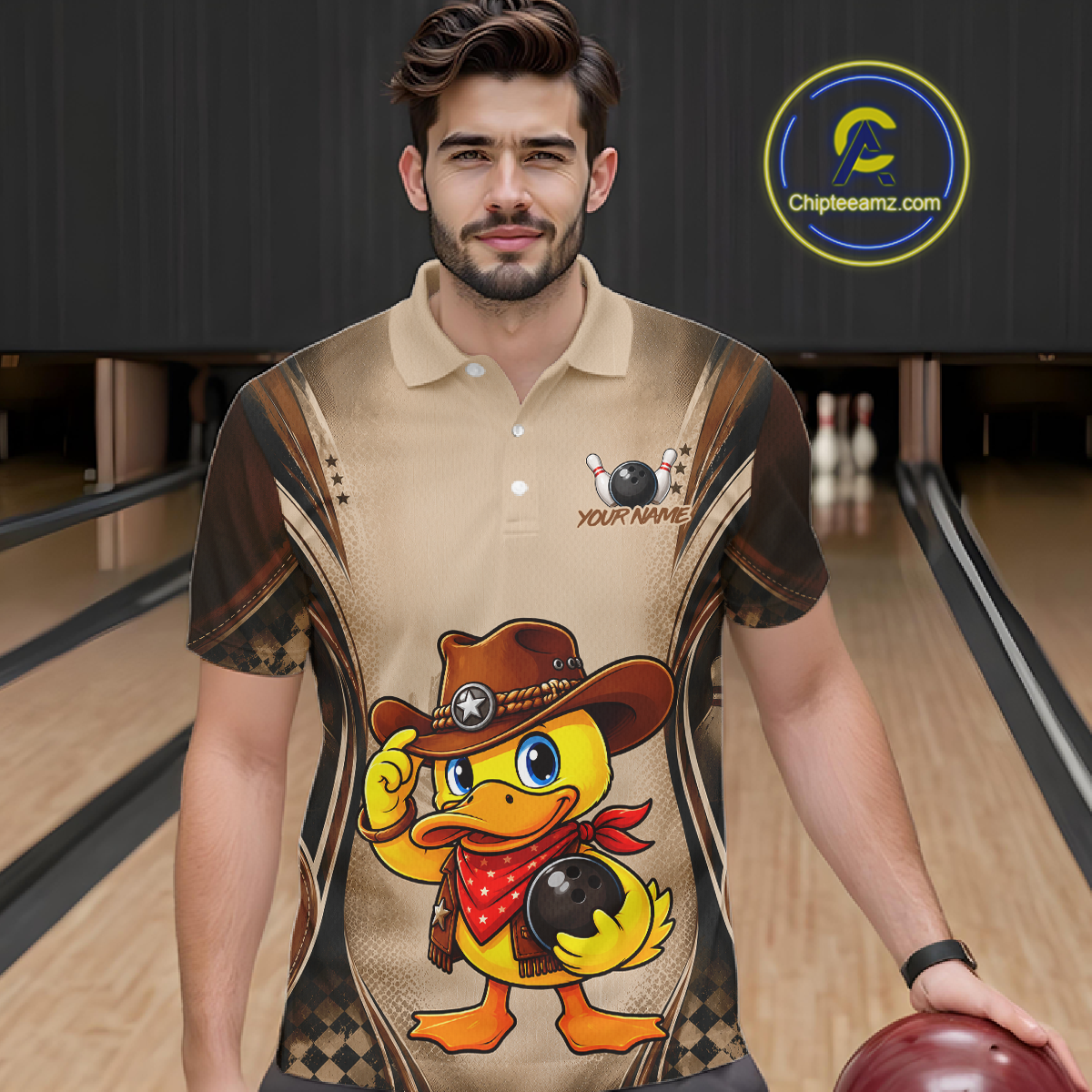 Man wearing a bowling shirt with a duck design in a bowling alley
