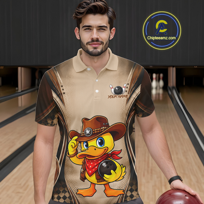 Man wearing a bowling shirt with a duck design in a bowling alley