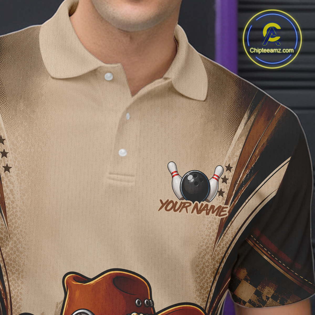 Beige bowling shirt with a bowler hat design and 'Your Name' text, featuring a logo in the corner.