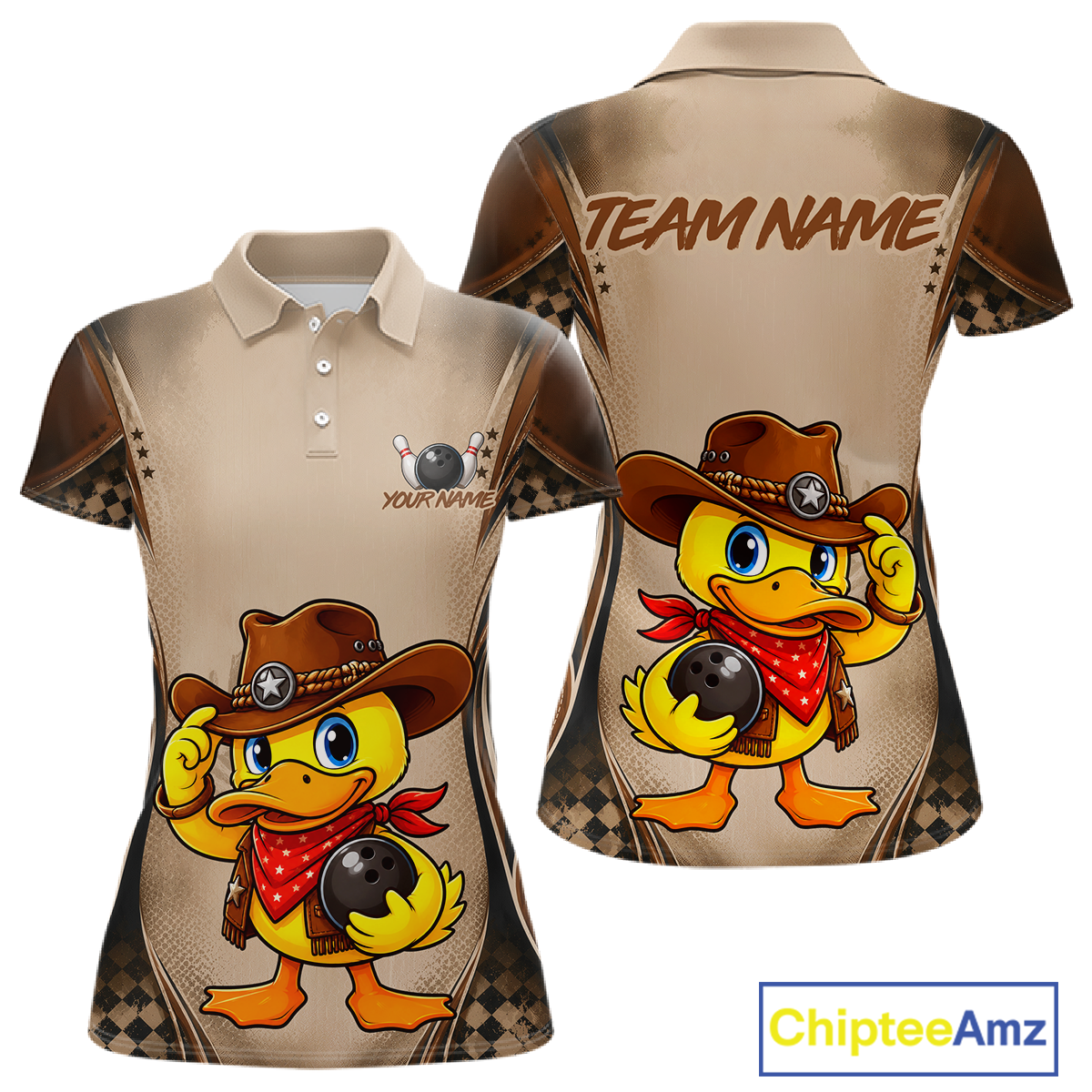 Beige polo shirt with a cartoon duck wearing a cowboy hat and bandana, featuring 'Team Name' text on the back.