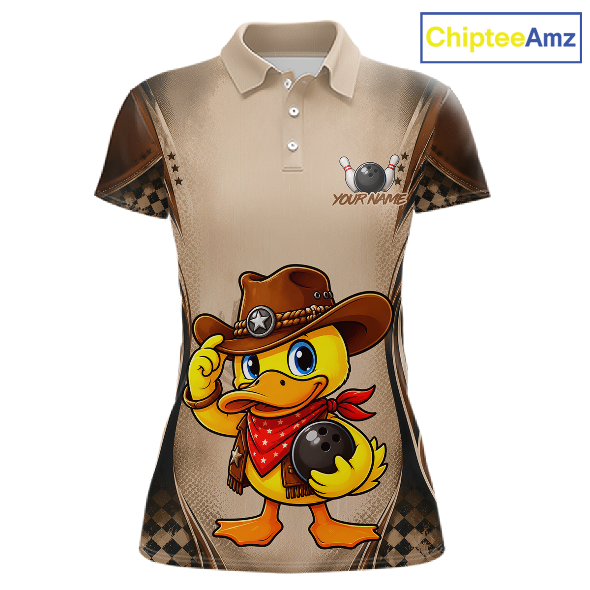 Beige polo shirt with cartoon duck wearing a cowboy hat and holding a bowling ball, branded 'ChipteeAmz'.