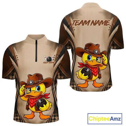 Beige shirt with cartoon duck in cowboy hat design on front and back, customizable text areas.