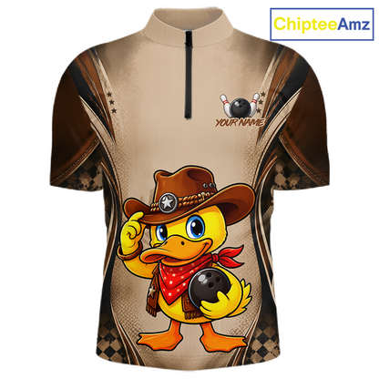 Beige shirt with a cartoon duck wearing a cowboy hat and holding a bowling ball, branded 'ChipteeAmz'.