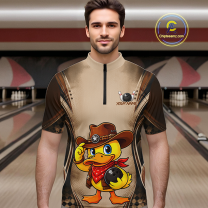 Man wearing a bowling shirt with a duck design in a bowling alley