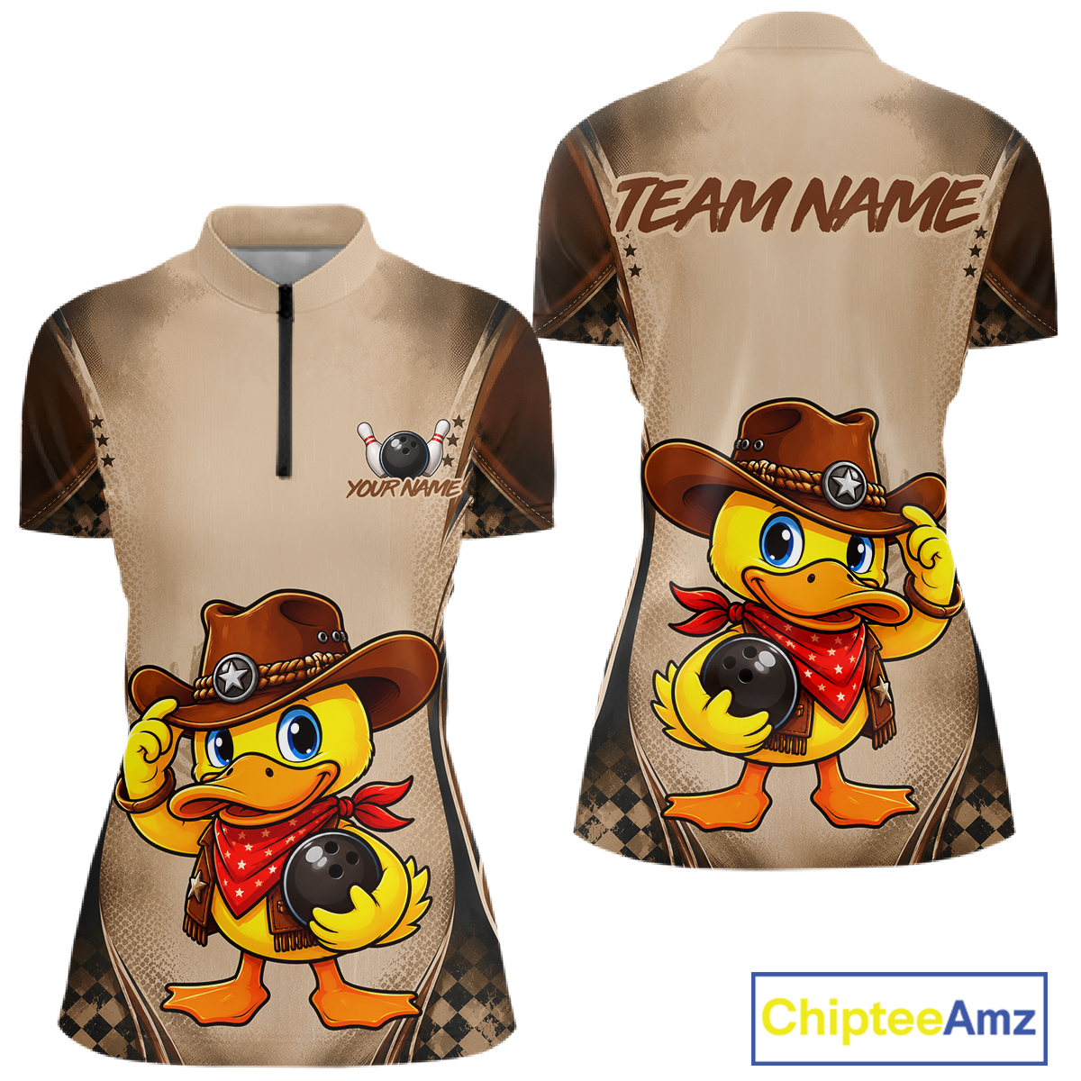 Beige sports jersey with cartoon duck character and customizable text on a white background