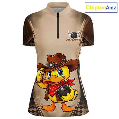 Beige shirt with a cartoon duck wearing a cowboy hat and holding a bowling ball, branded 'ChipteeAmz'.