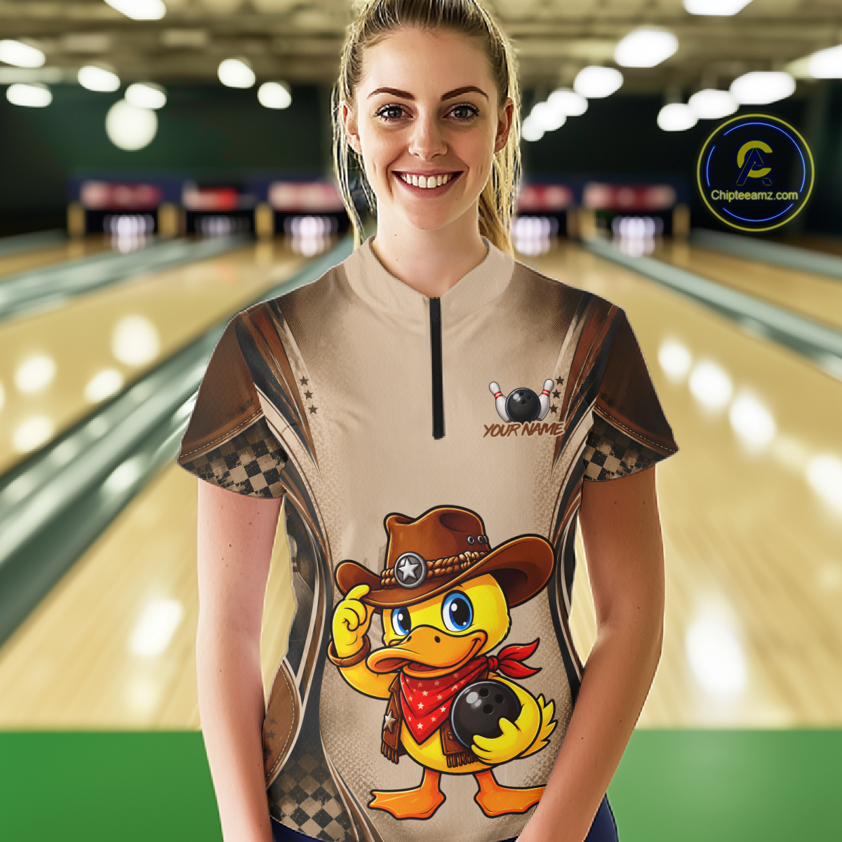 Person wearing a custom bowling shirt with a duck design in a bowling alley.