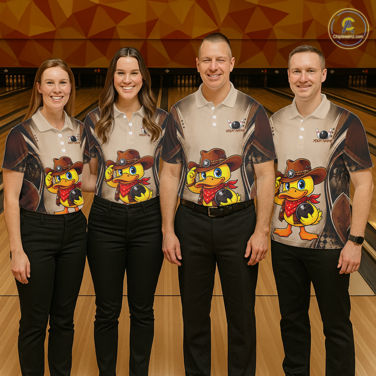 Four people wearing matching shirts with a cartoon duck design on a bowling alley.