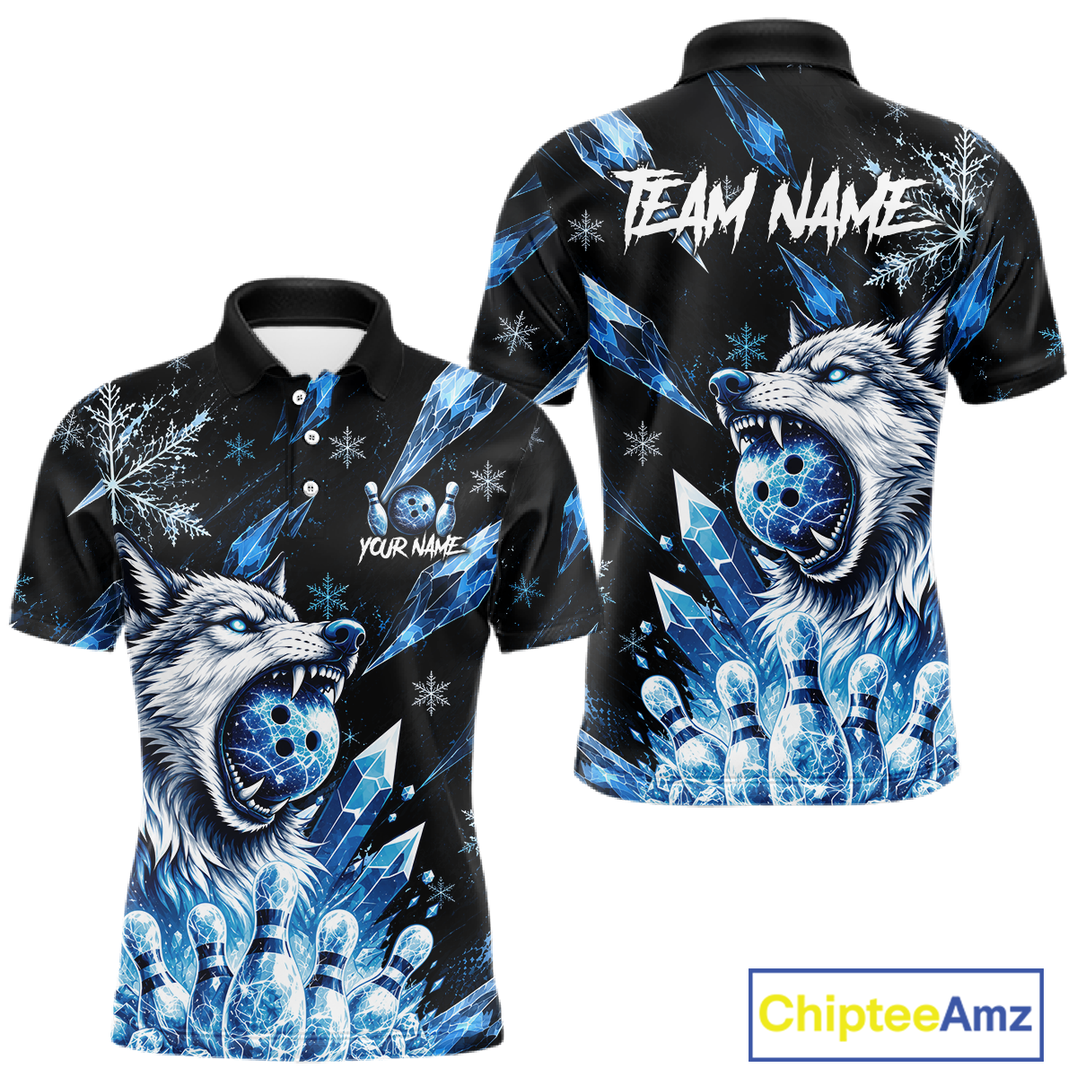 Black polo shirt with blue wolf design and 'Team Name' text, featuring the brand 'Chiptee Amz'.