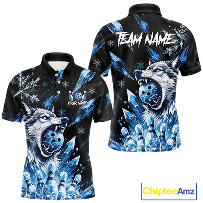 Black polo shirt with blue wolf design and 'Team Name' text, featuring the brand 'Chiptee Amz'.
