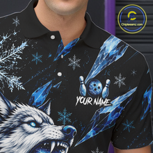 Load image into Gallery viewer, Black polo shirt with blue and white graphics of a wolf, bowling ball, and snowflakes, with 'Your Name' text.