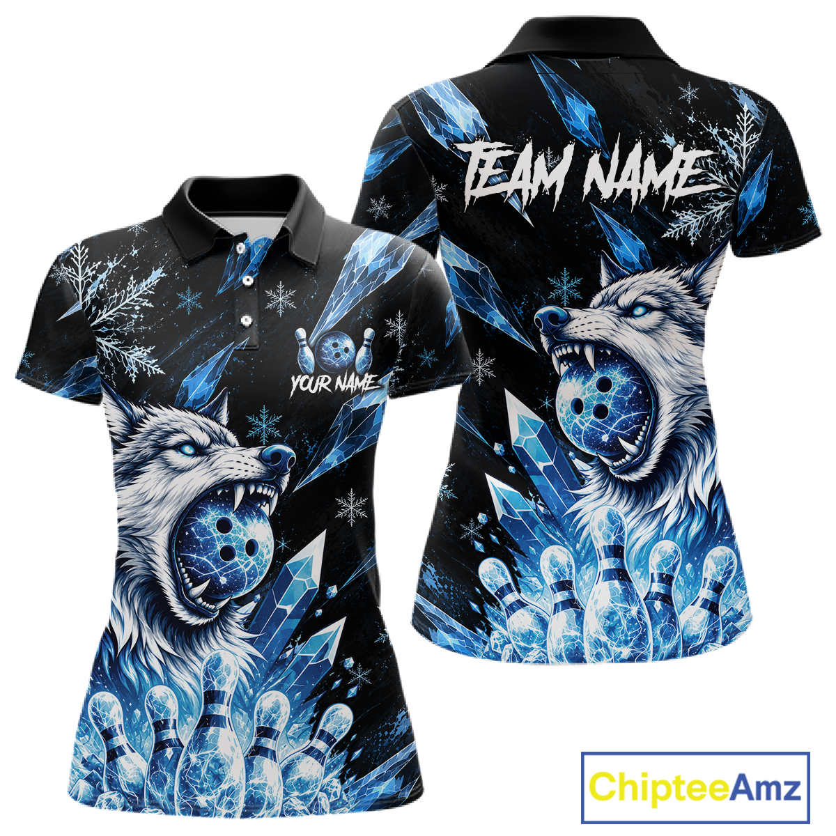 Black polo shirt with blue wolf design and 'Team Name' text, featuring the brand 'Chiptee Amz'.