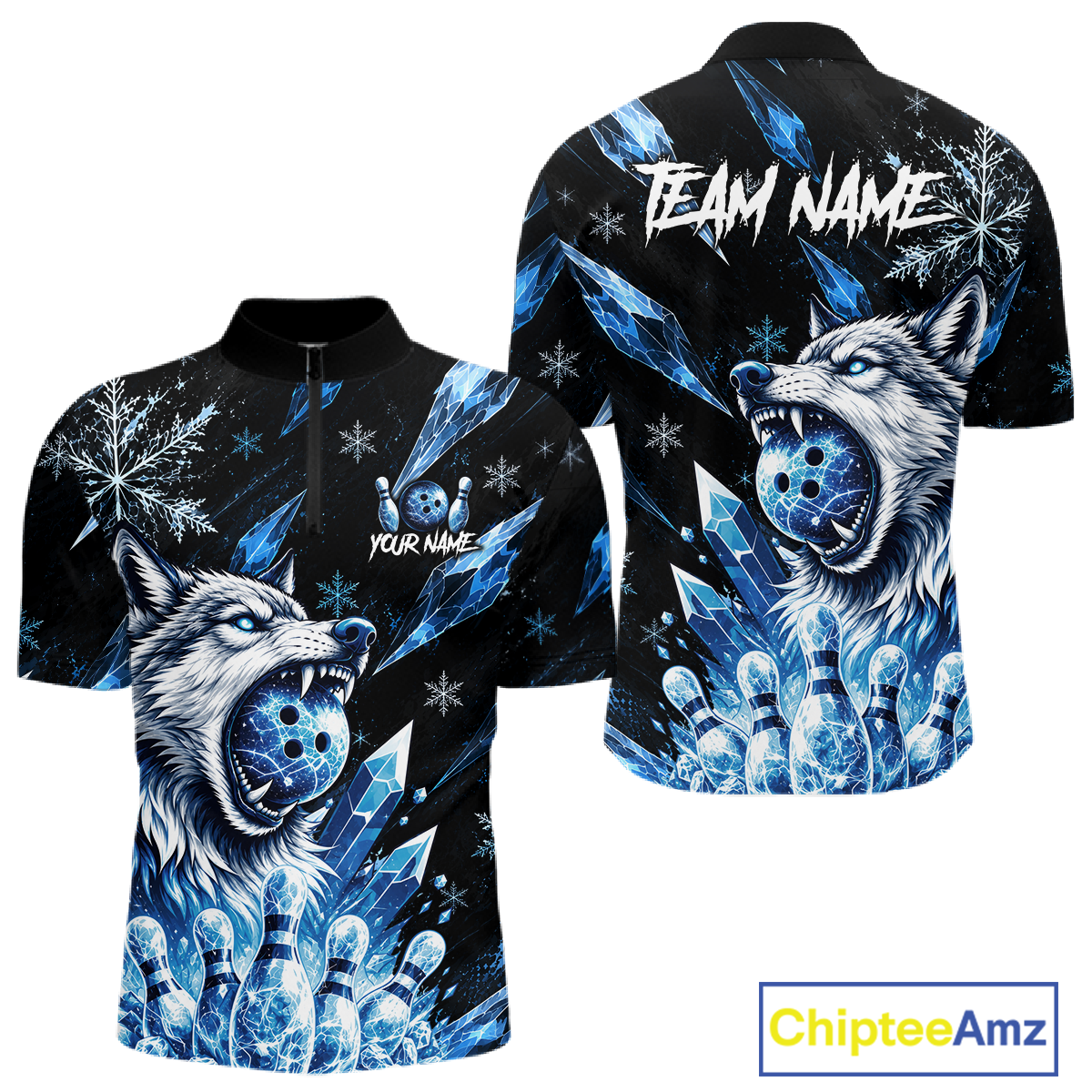 Black shirt with blue wolf design and 'Team Name' text, featuring the brand 'Chiptee Amz'.